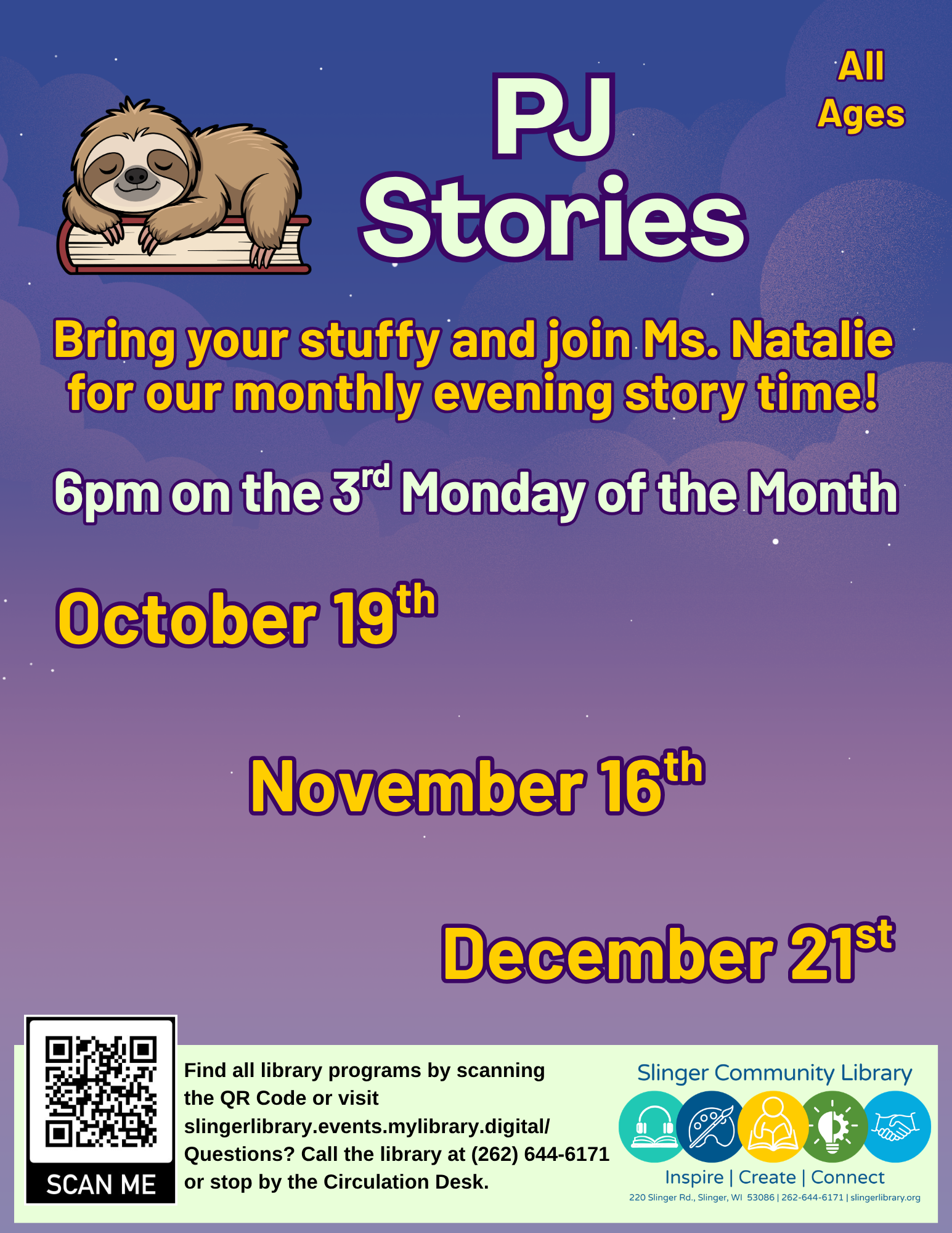 flyer for evening story time. contact library for details