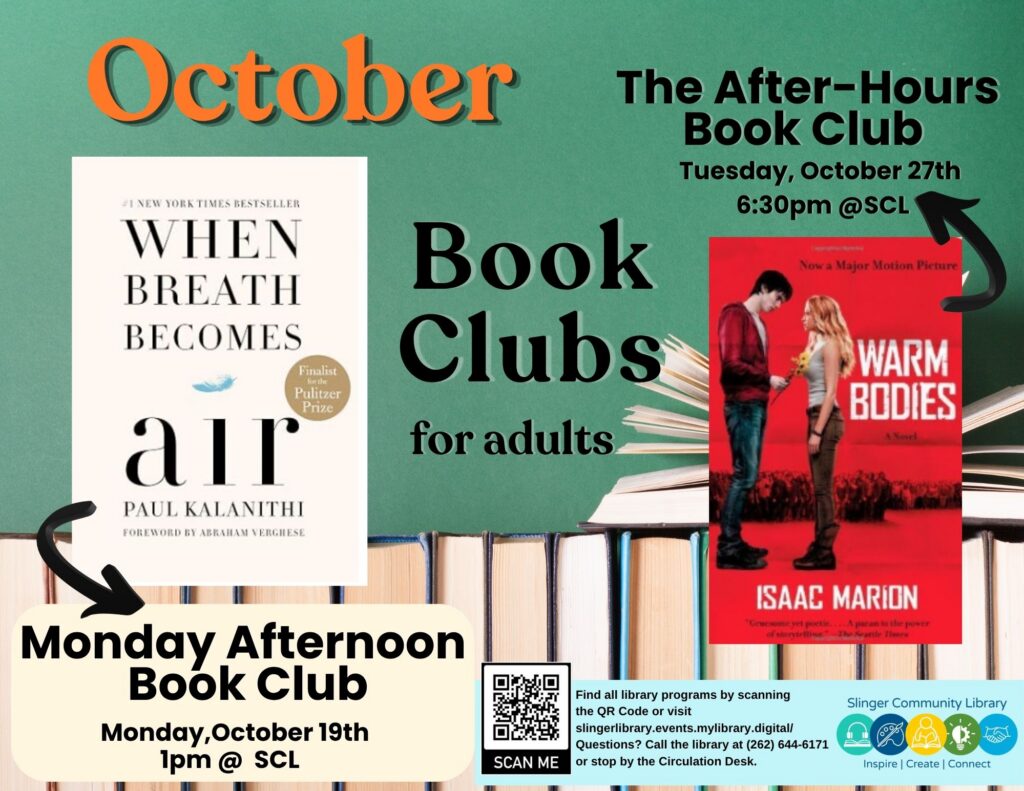 flyer for october adult book clubs. contact library for details