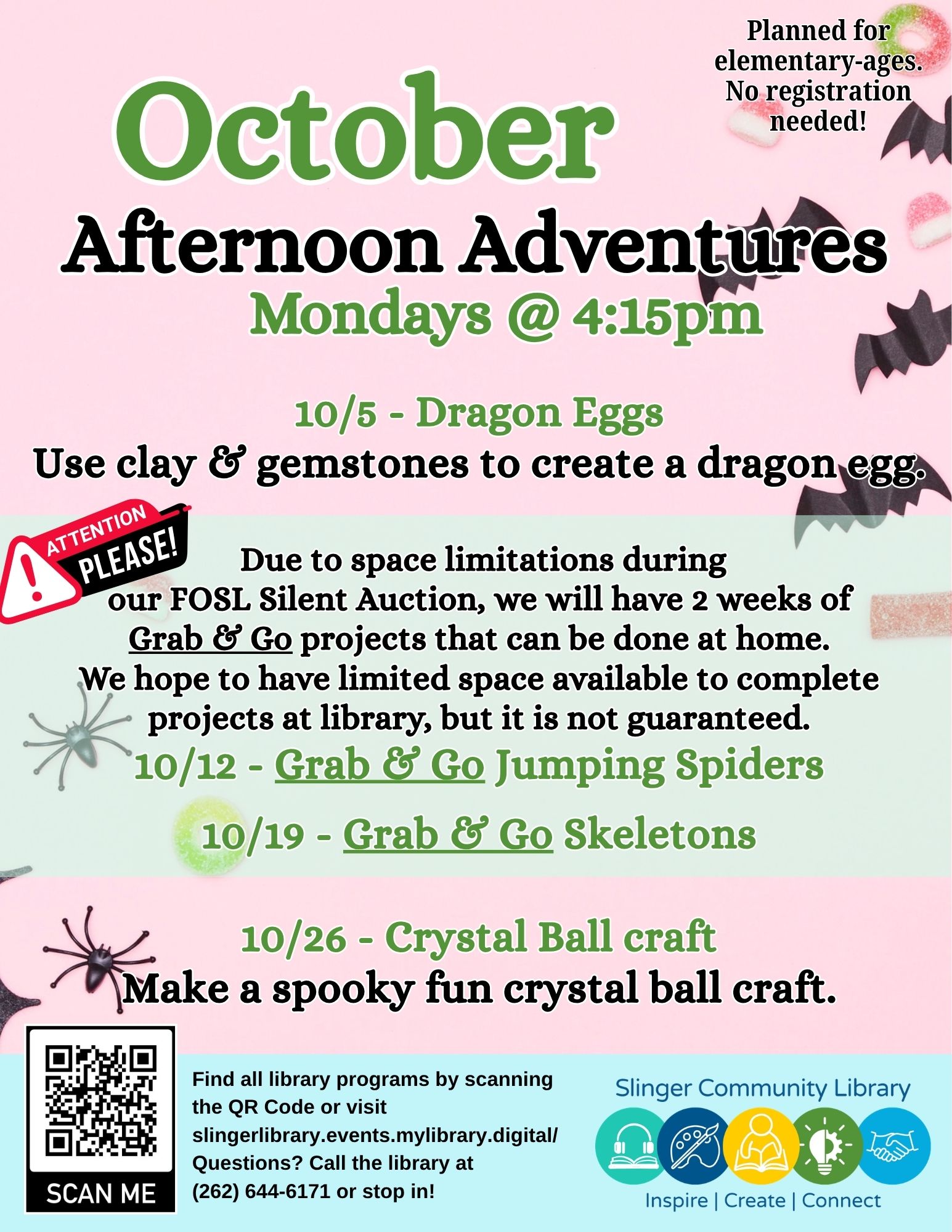 flyer for october afternoon adventures programs. contact library for details.