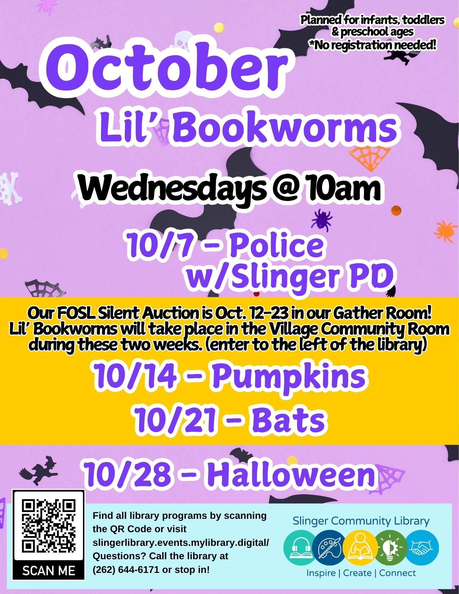 flyer for october lil bookworms. contact library for details.