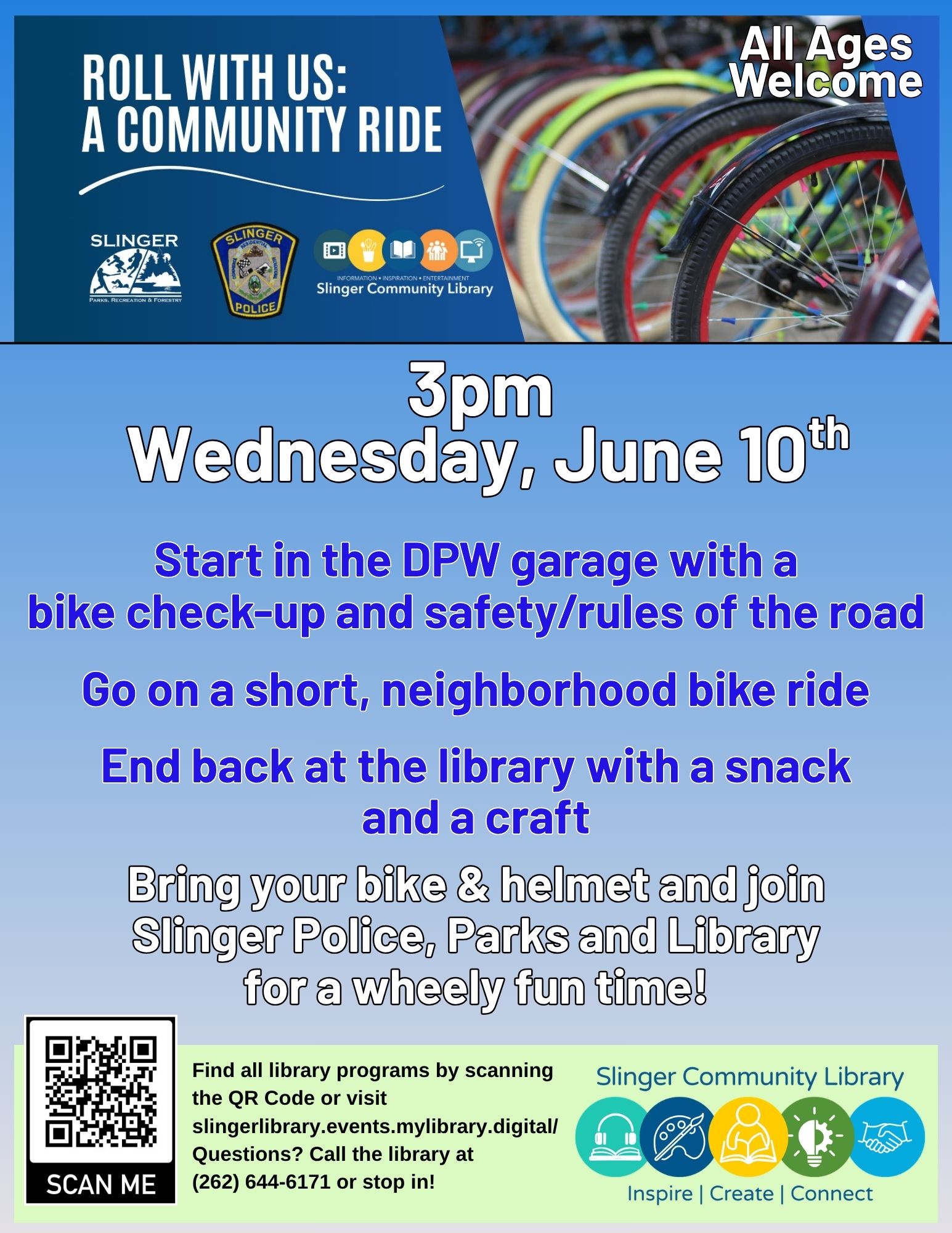 flyer about children's bike safety program with the library, police and parks at 3pm June 10. contact library for details.