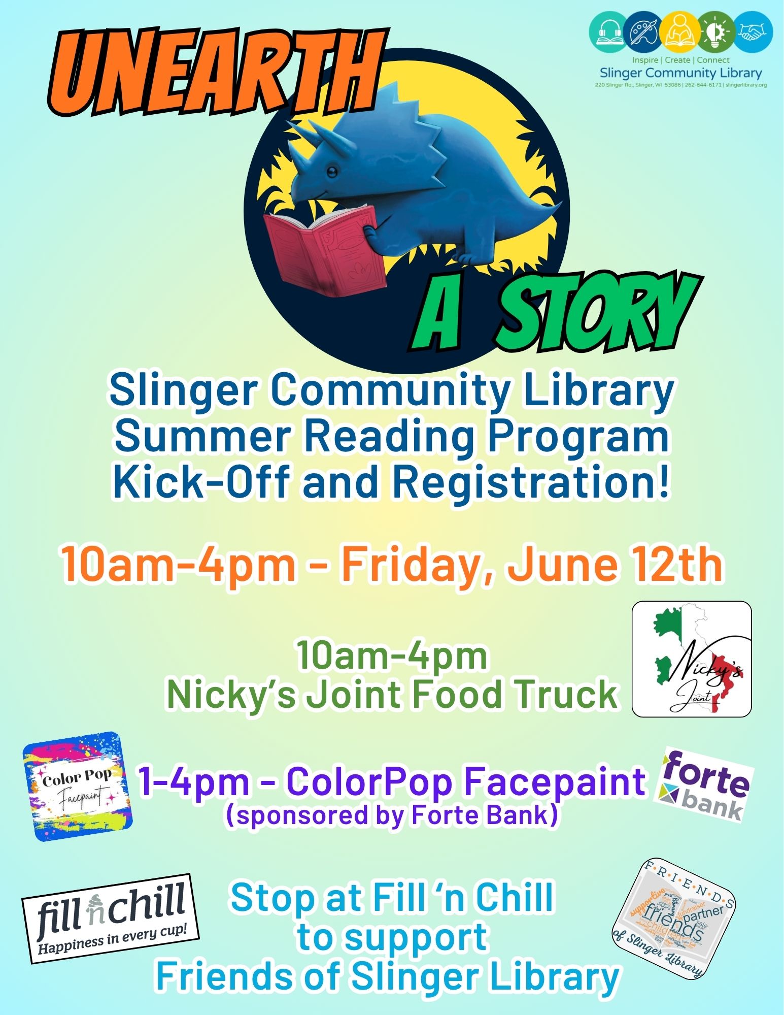 Flyer for the library's summer reading program kick-off day on Friday, June 12. contact library for more details.