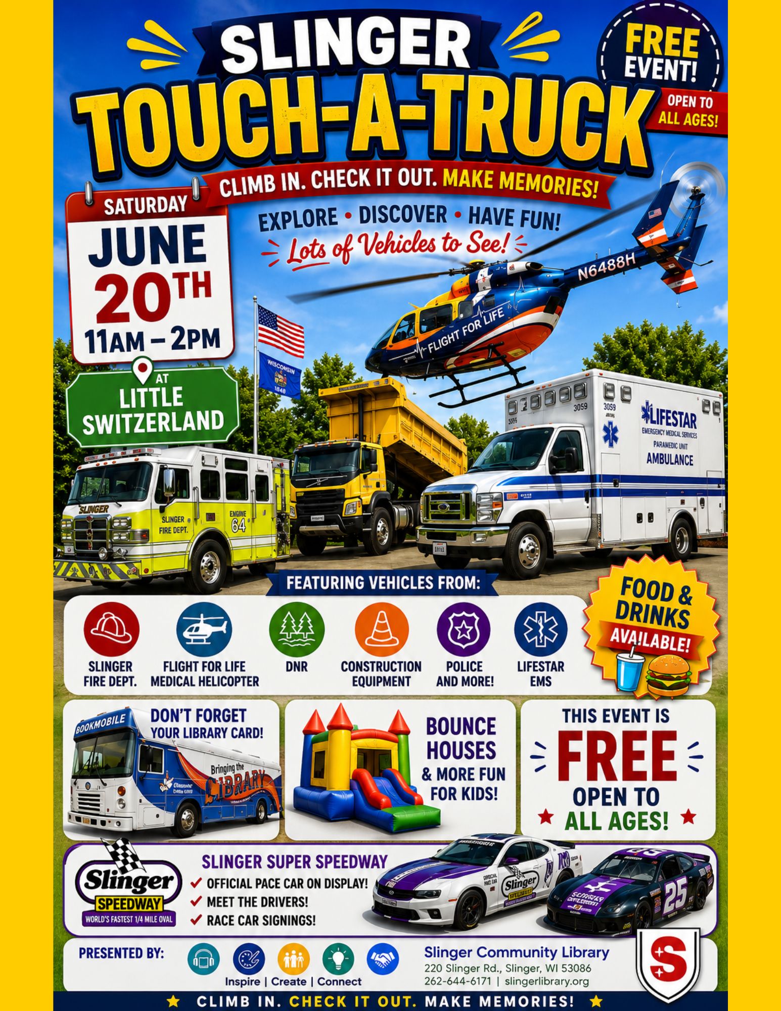 flyer for touch a truck program on June 20 at Little Switzerland. Contact library for details