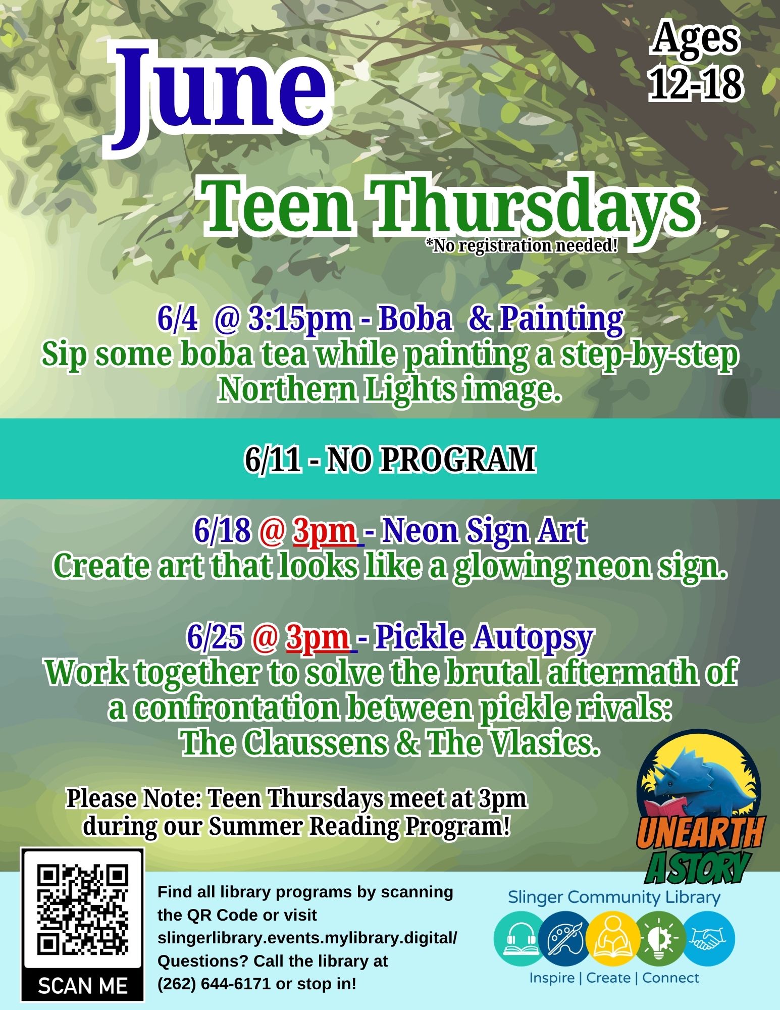 a flyer for June teen programs. contact library for details