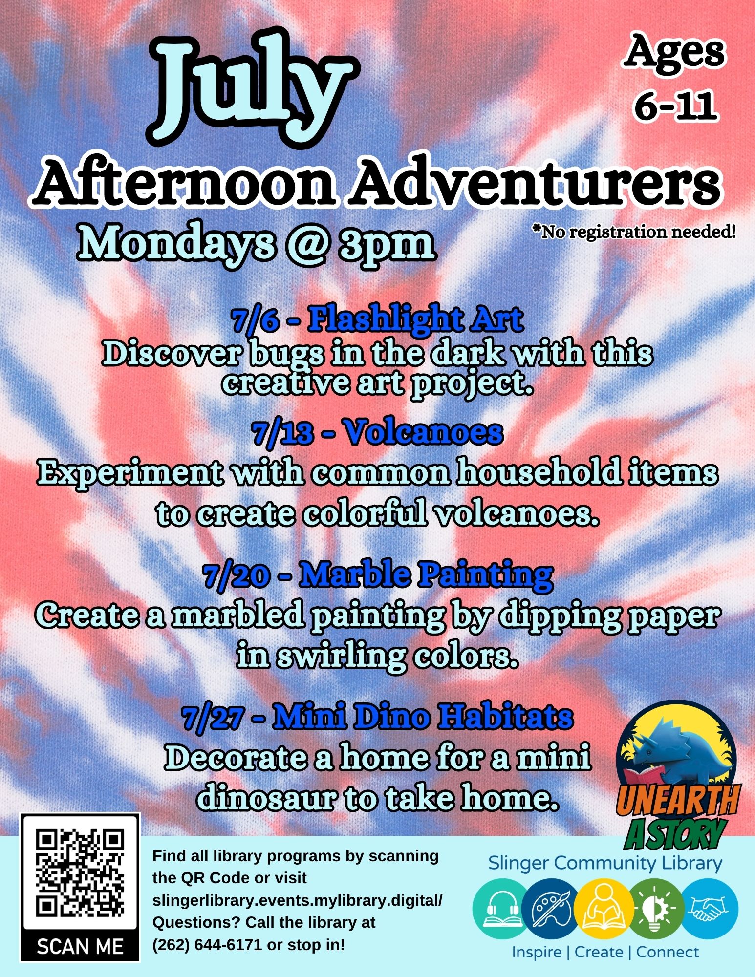 flyer for july school age programs. contact library for details