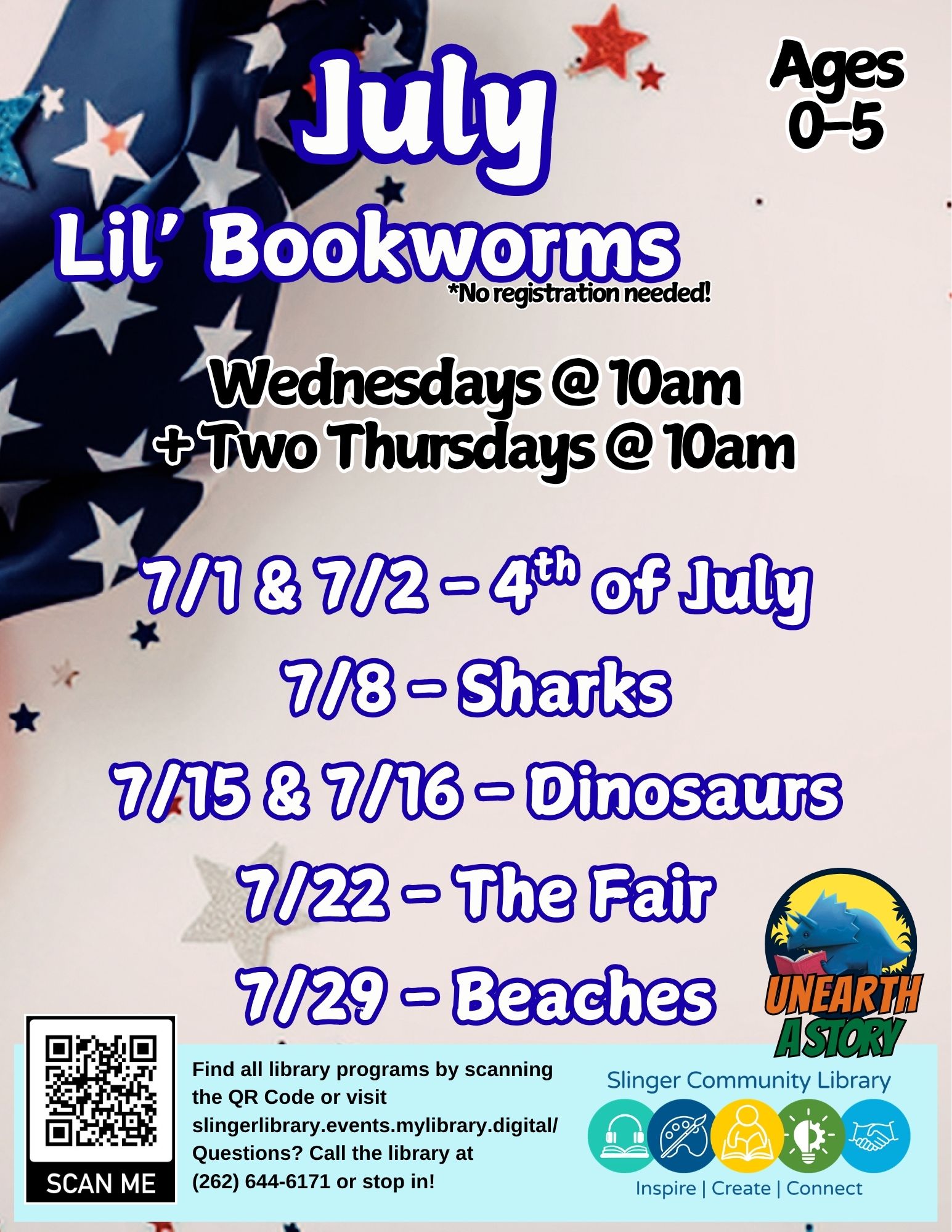 flyer for july story times. contact library for details