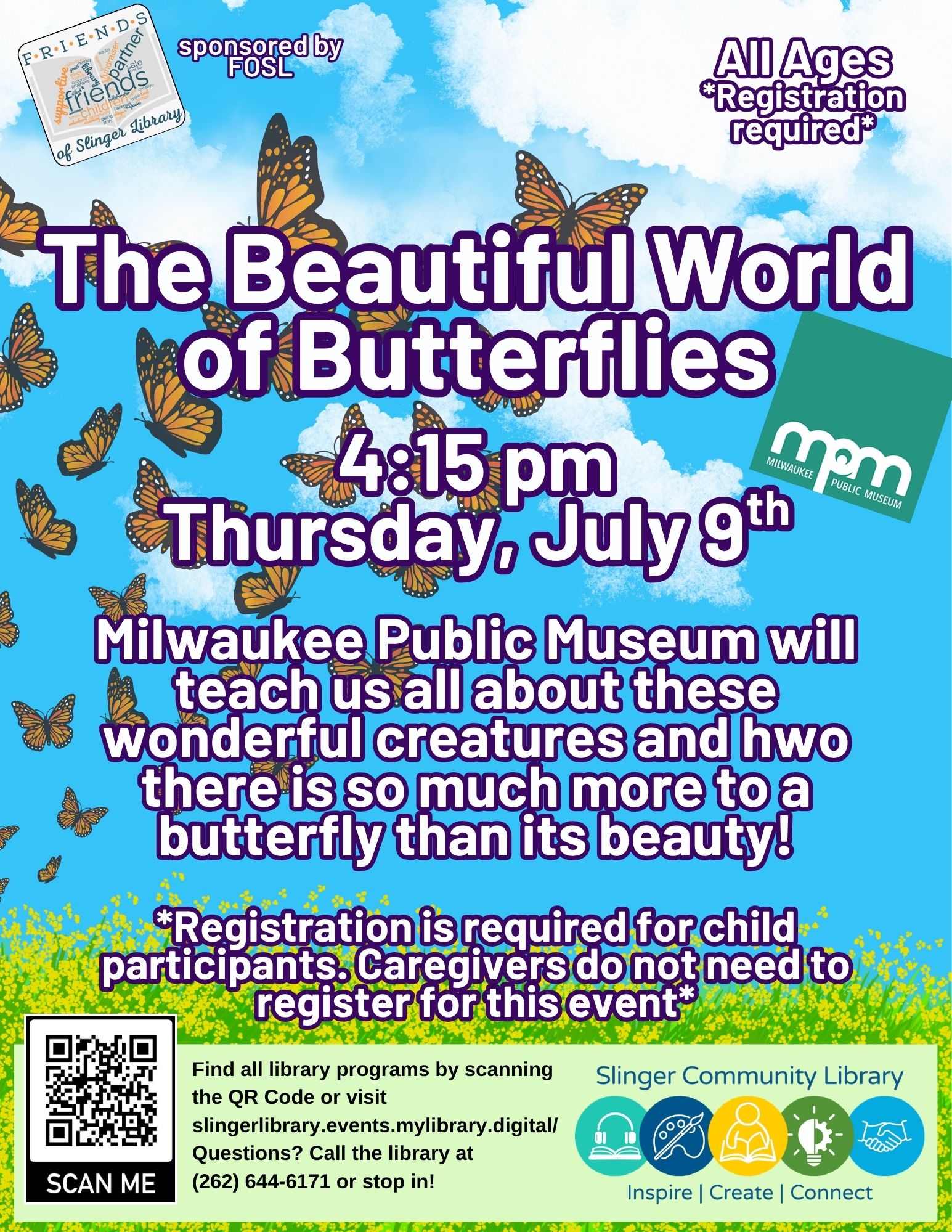 flyer for a library program on July 9th with Milwaukee public museum. registration required, contact library for details.