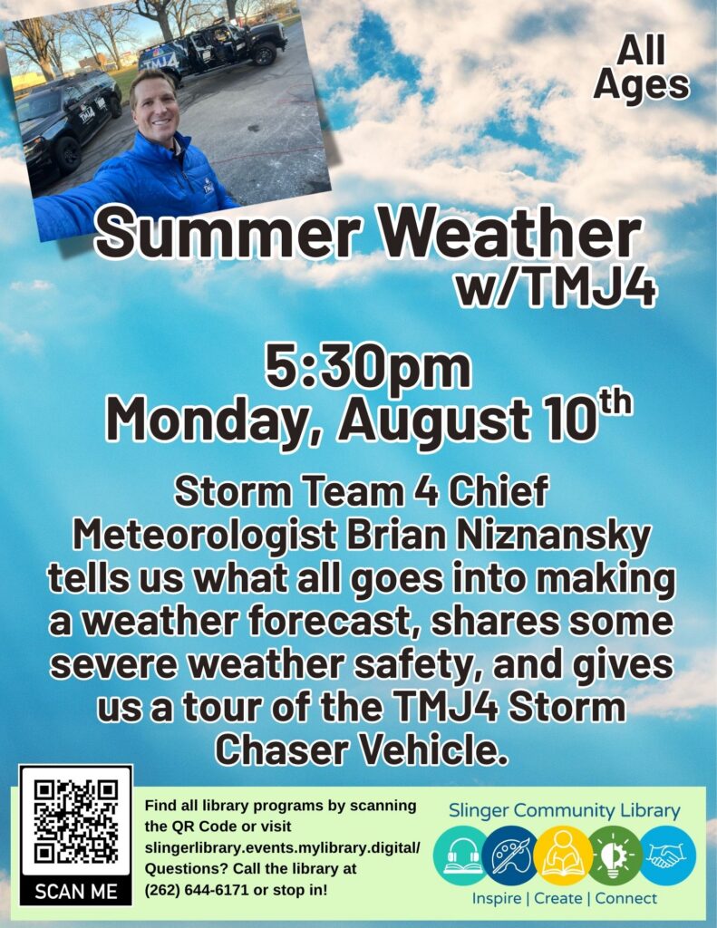 flyer for weather program on august 10. contact library for details