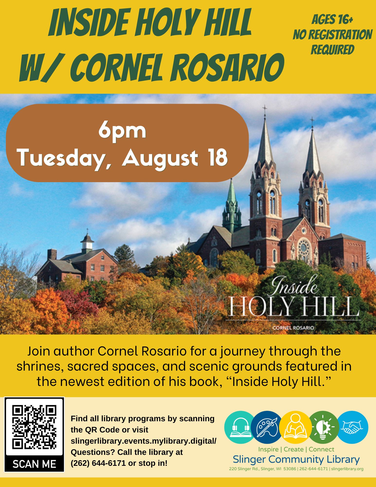 flyer for informational august 18 program on holy hill. contact library for details