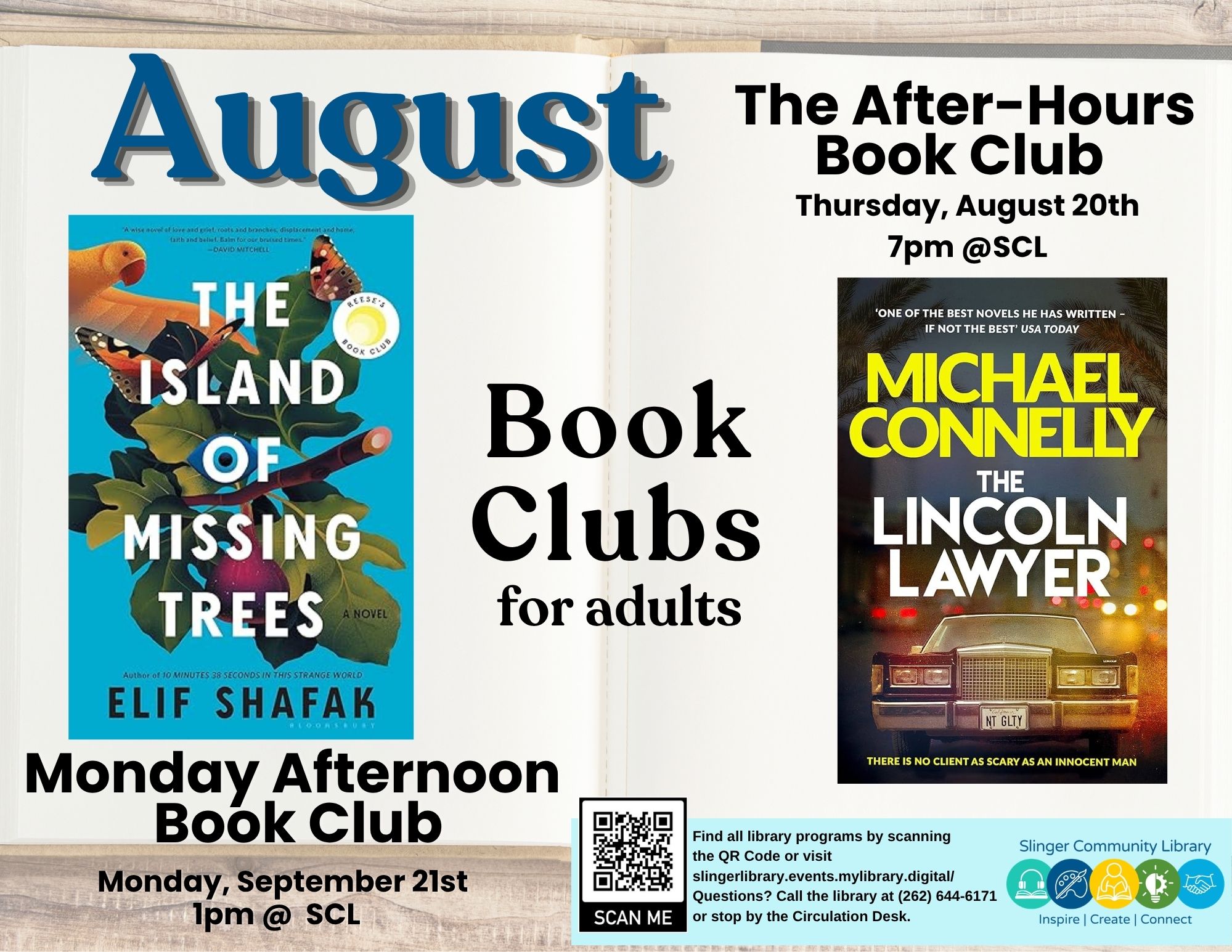 august adult book clubs. contact library for details