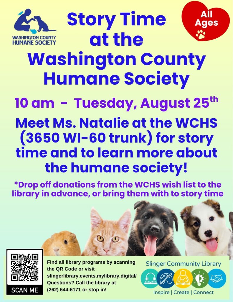 flyer for story time at the humane society on august 15. contact library for details