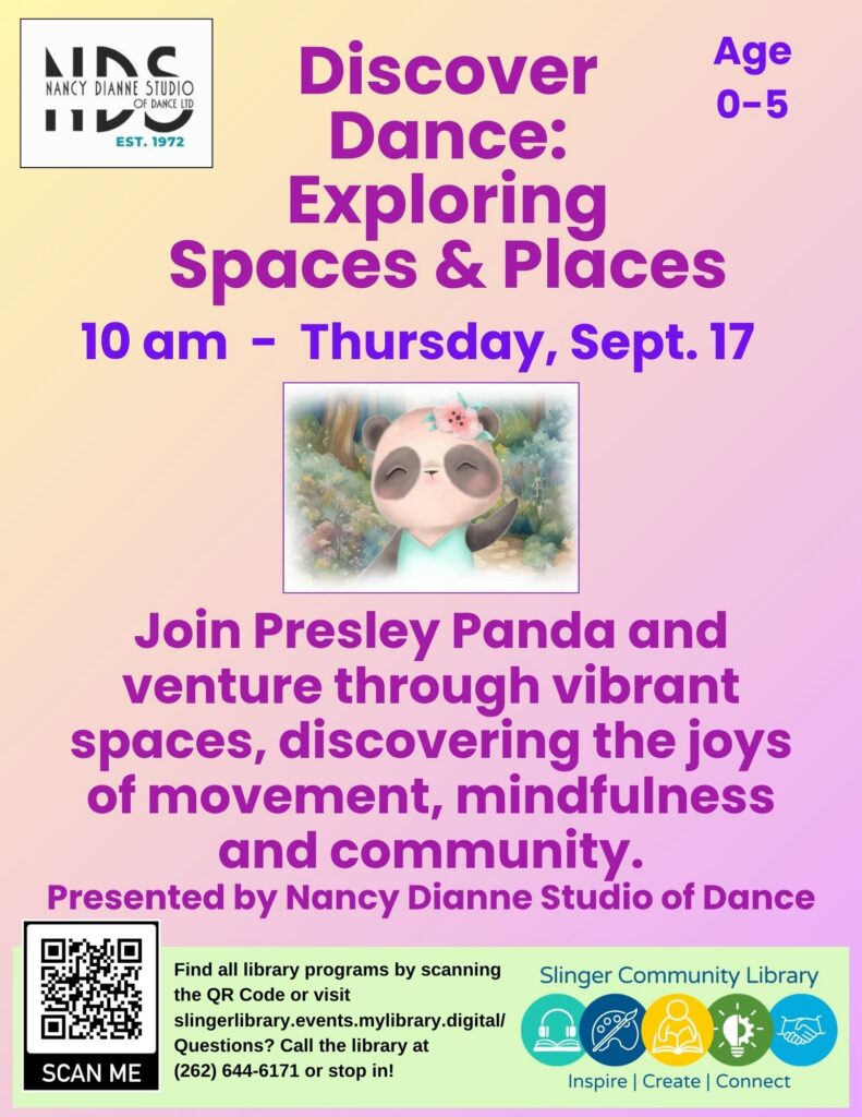 flyer for dance story time program on 9/17. contact library for details