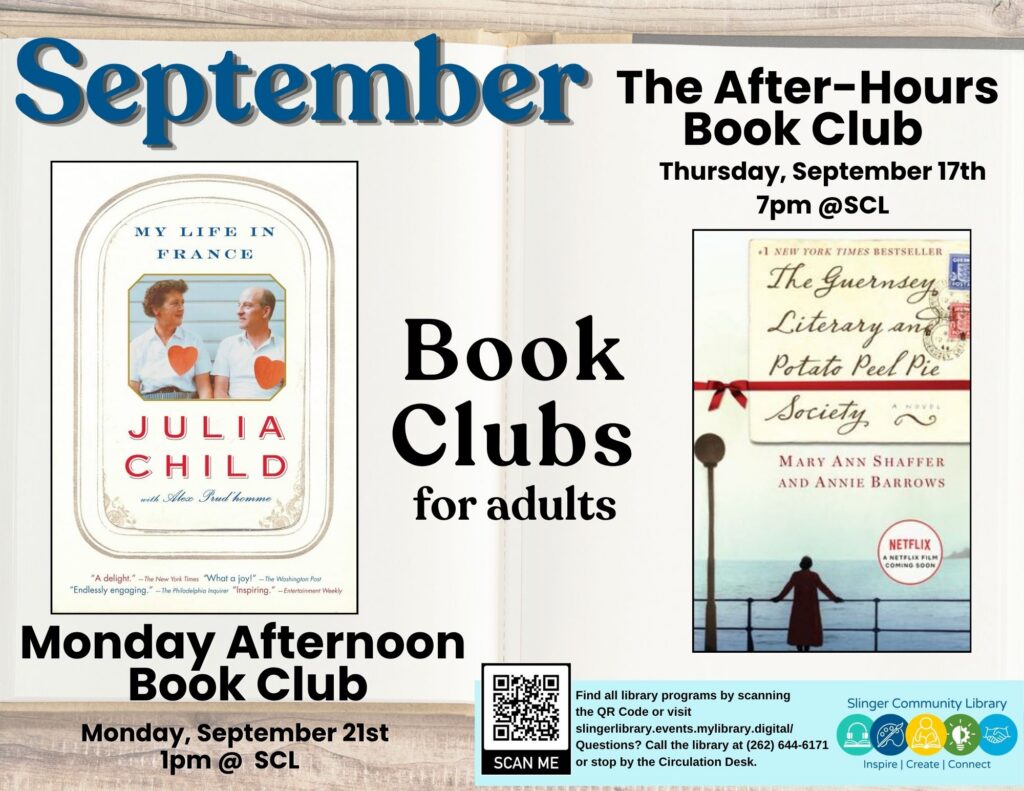 flyer for September book clubs. contact library for details