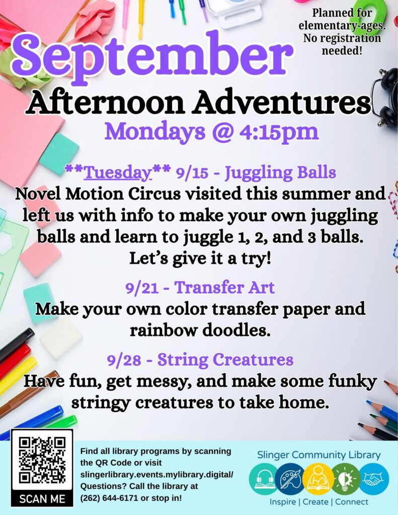 flyer for school age setpember programs. contact library for details