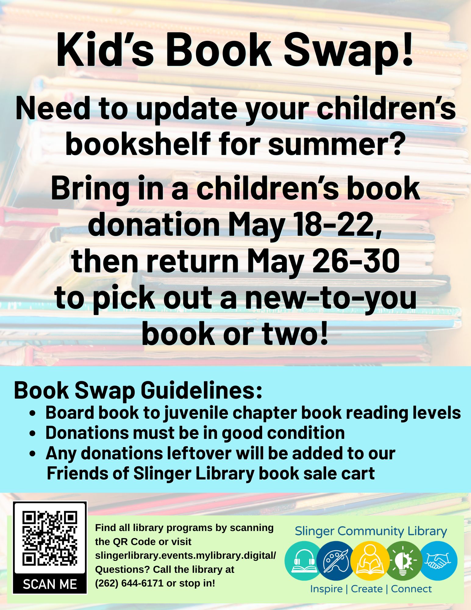 flyer for kid's book swap at the library. contact library for details