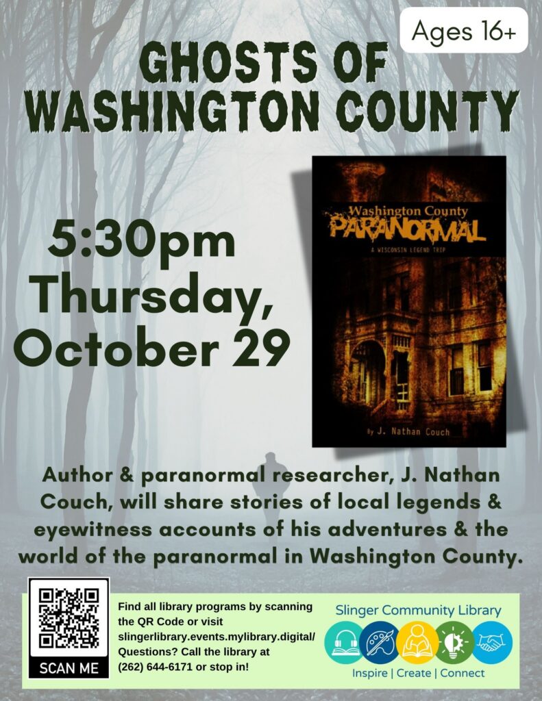 flyer for ghosts of washington county program. contact library for details