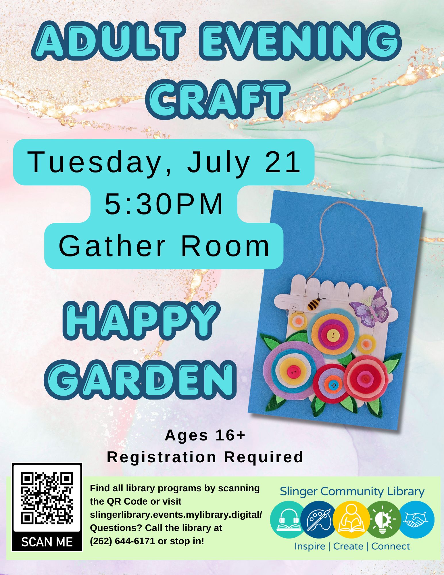 flyer for adult craft program on July 21. contact library for details