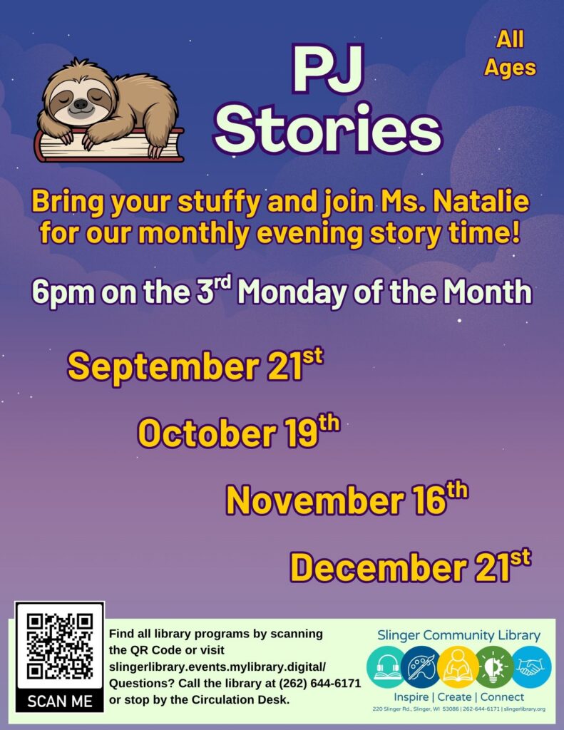 flyer for pj story times. contact library for details