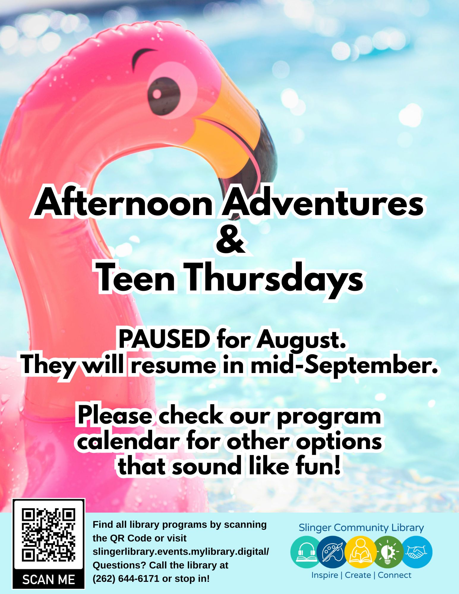 flyer for paused children's programs. contact library for details